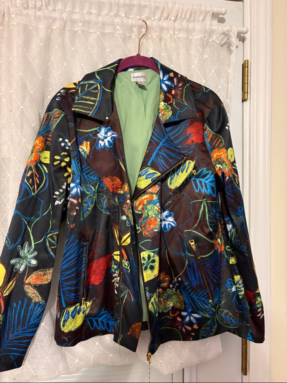 Chico's Black Floral Multicolor Embroidered Leather Jacket